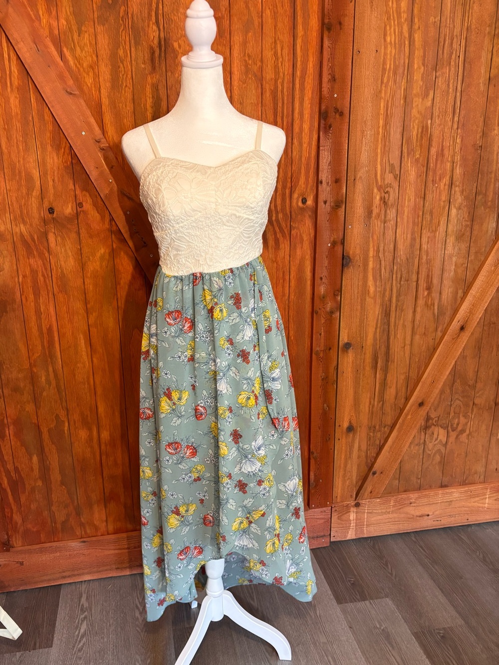As U Wish Cream Lace Bodice Green Floral Maxi Dress